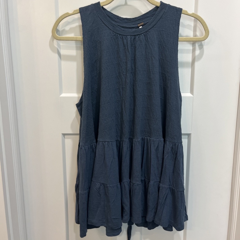 Free‎ People Right On Time Tiered Tie-Back Tunic Oversized Navy Blue Women Sz XS